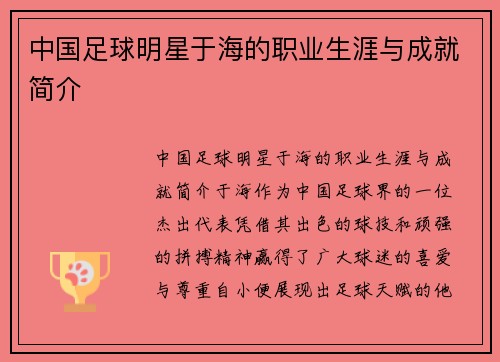中国足球明星于海的职业生涯与成就简介